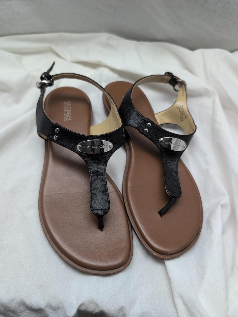 Michael Kors Black and Brown T-Strap Leather Sandals